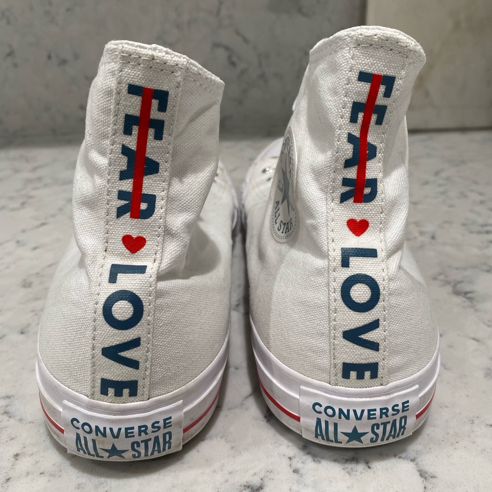 All white converse all star love not fear high tops